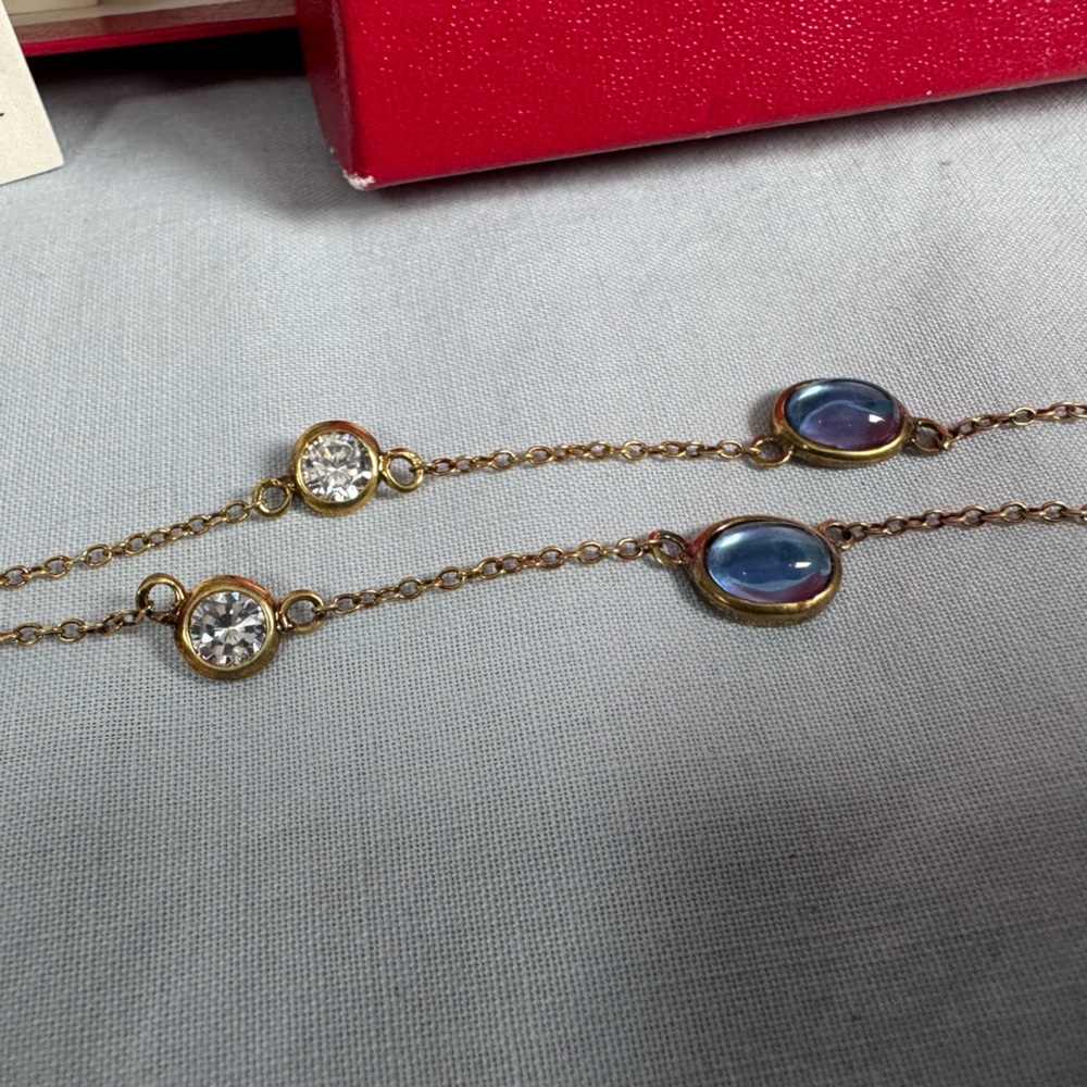 Kenneth Jay Lane Goldtone Necklace with Blue Cabochons and Clear Crystals